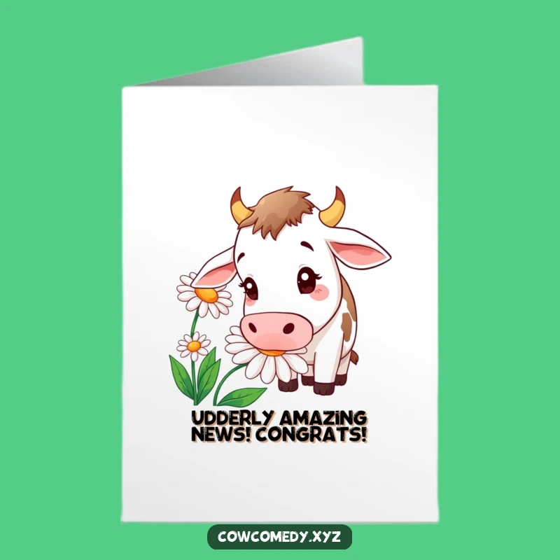 Celebrate any occasion with this free printable cow congratulations card, easy to print at home. A curious cow and a daisy for a unique cheer.