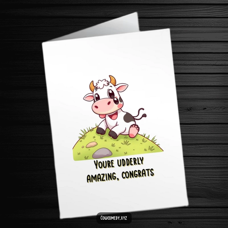 Funny Free Printable Congratulations Card featuring a happy cow sliding down a hill, symbolizing a thrilling and successful journey.