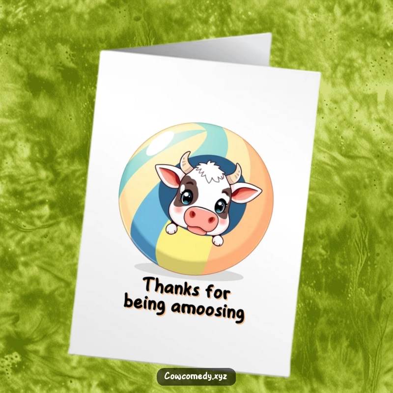 Funny Free Printable Thank You Card with a startled cow peeking around a huge striped beach ball, offering a quirky thanks.