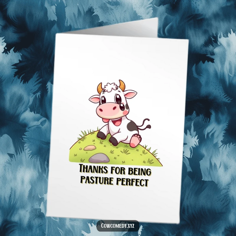 Funny Free Printable Thank You Card of a happy cow sliding down a grassy hill, conveying energetic and cheerful gratitude.