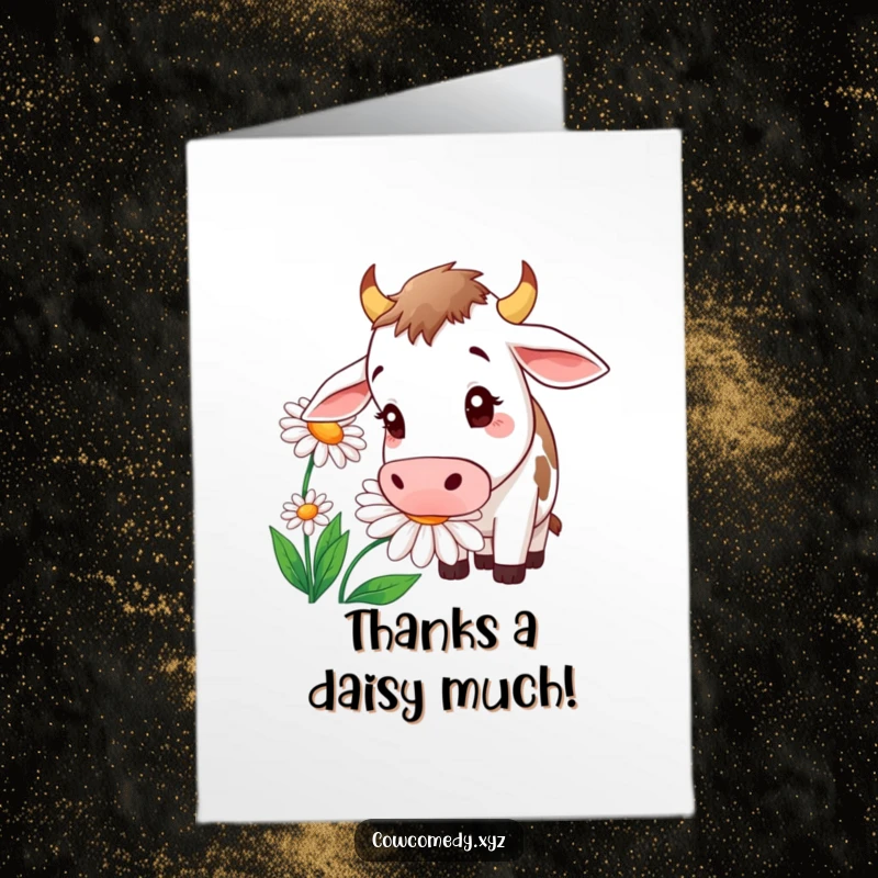 Funny Free Printable Thank You Card featuring a curious cow with a comical expression, sniffing a large daisy.