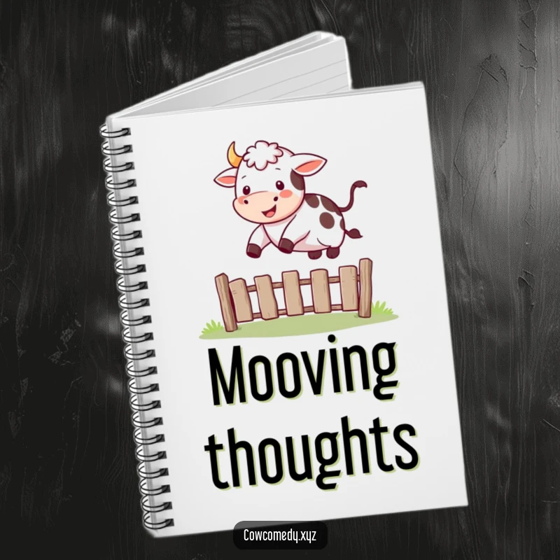 Funny notebook depicting a happy cow joyfully jumping over a small fence, for creative writing.