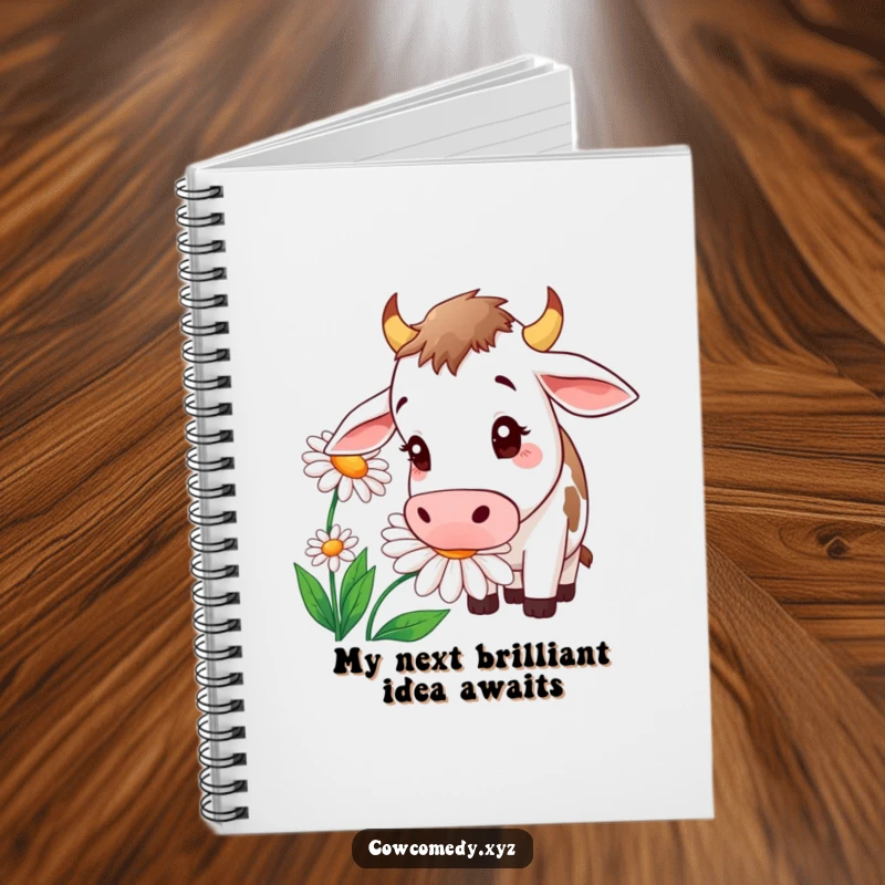Funny notebook with a curious cow sniffing a large daisy, ideal for notes and creative ideas.