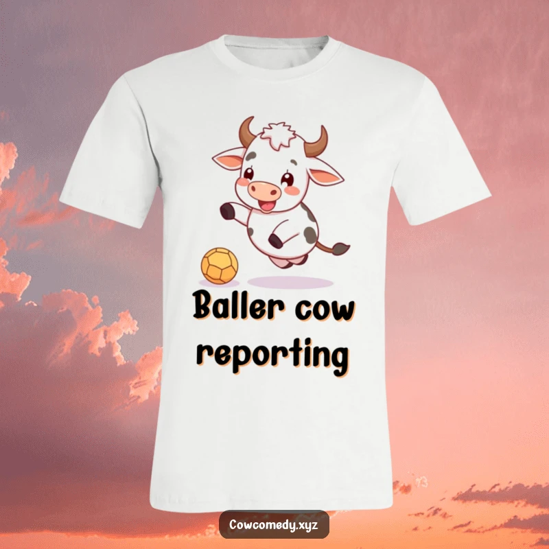 Funny t-shirt featuring a cheerful cow enthusiastically kicking a small ball, embodying pure fun.