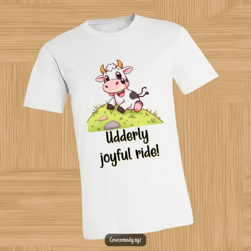 Funny T-Shirt: A happy cow is sliding down a grassy hill with wide, delighted eyes, representing pure exhilaration and cheerfulness.