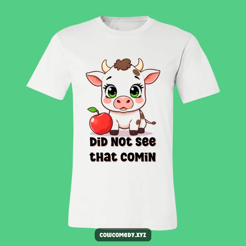 Funny Kawaii Cow Apple T-Shirt: Surprised Reaction Graphic Tee