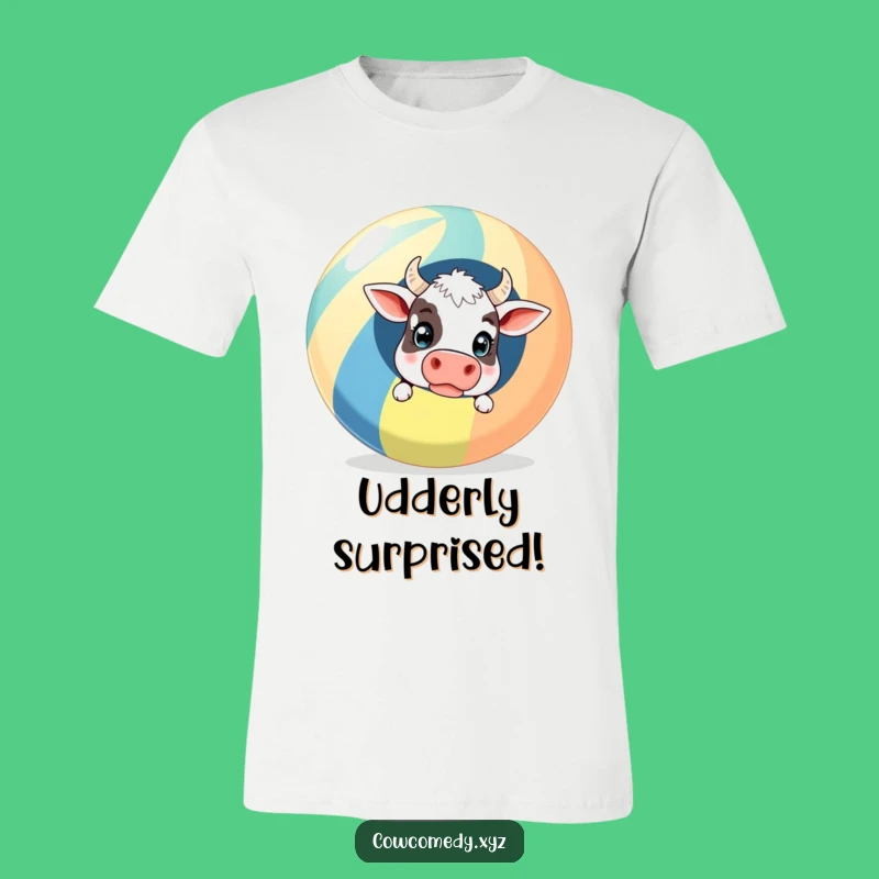 Show off your sense of humor with this funny surprised cow t-shirt, featuring a cow's hilarious encounter with a beach ball. A great funny gift.