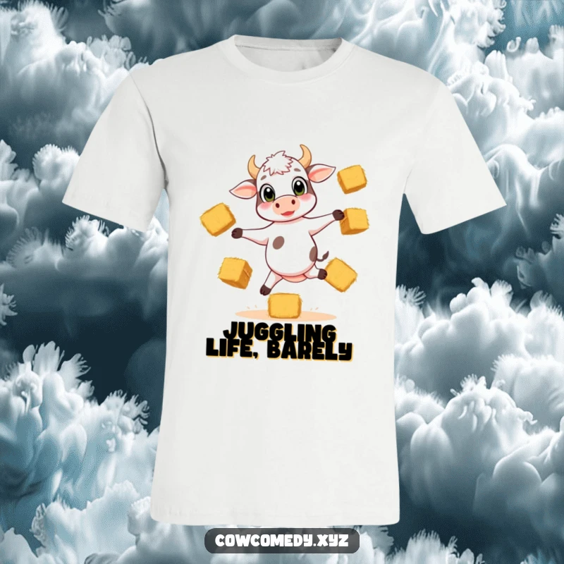 Funny t-shirt featuring a playful calf with big eyes, balancing on three legs while impressively juggling hay bales.