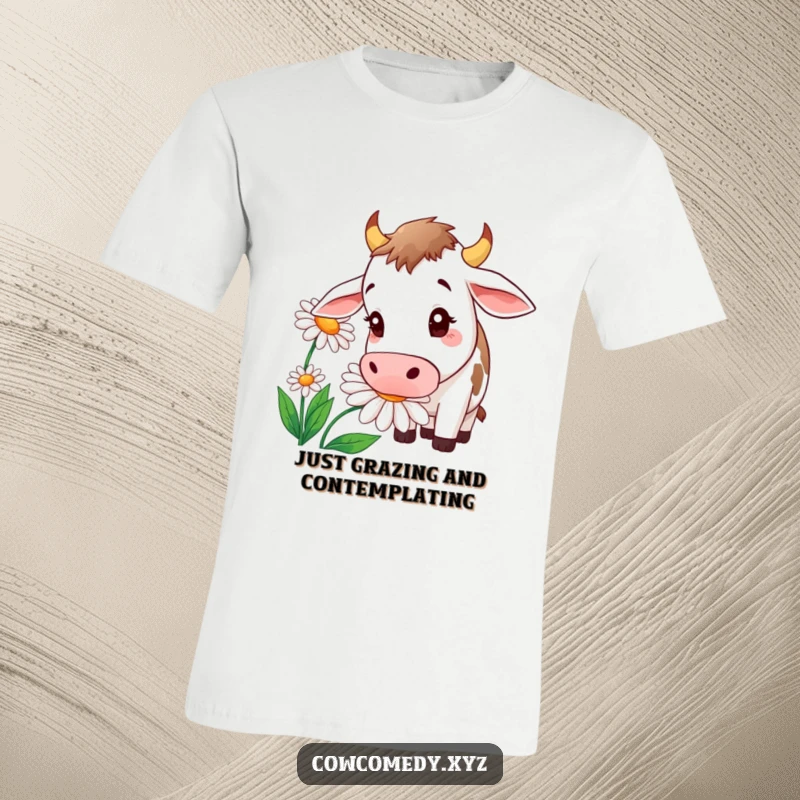 Funny cow t-shirt showing an inquisitive cow sniffing a huge, colorful daisy, perfect for farm animal lovers.