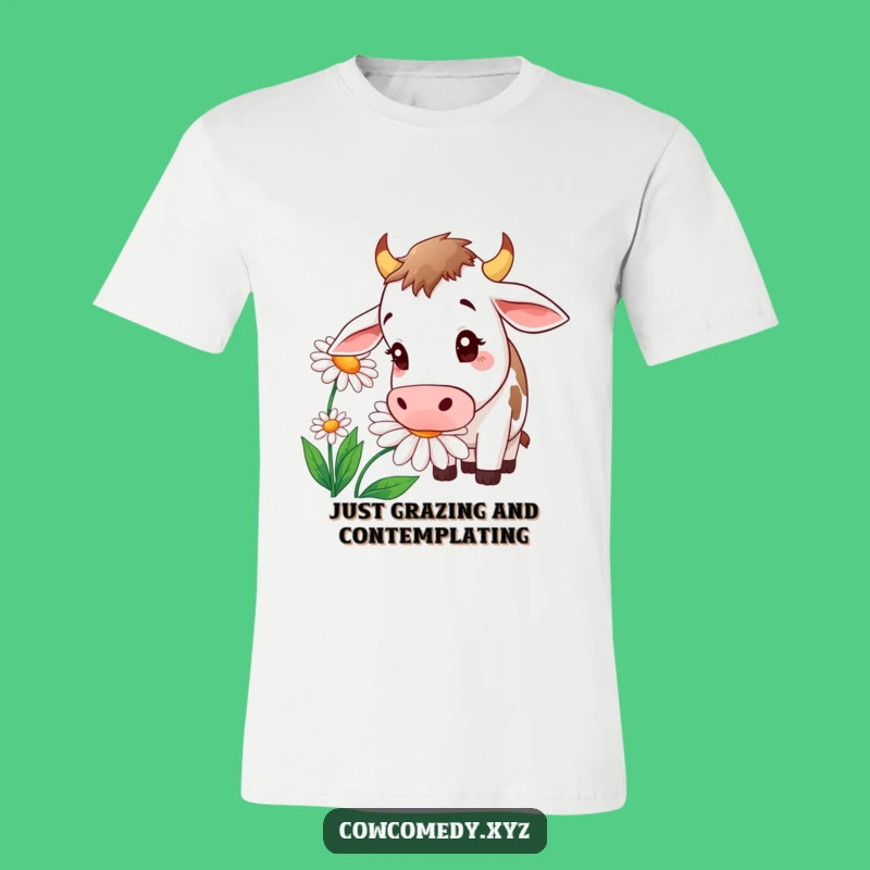 Funny Cow Sniffing Daisy T-Shirt - Whimsical Farm Humor Gift