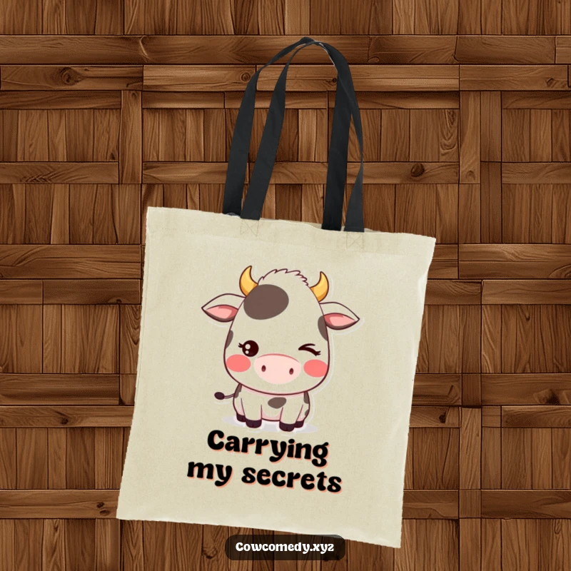 Funny tote bag featuring a blushing kawaii cow character giving a shy, playful wink, adding a touch of cute mischief.