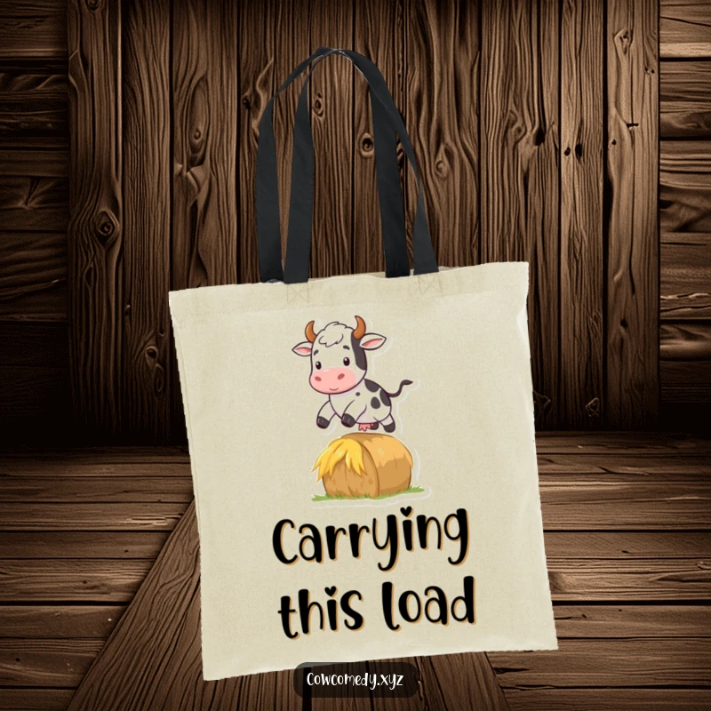 Funny tote bag with a cow jumping over a hay bale, illustrating farm fun and energetic movement.