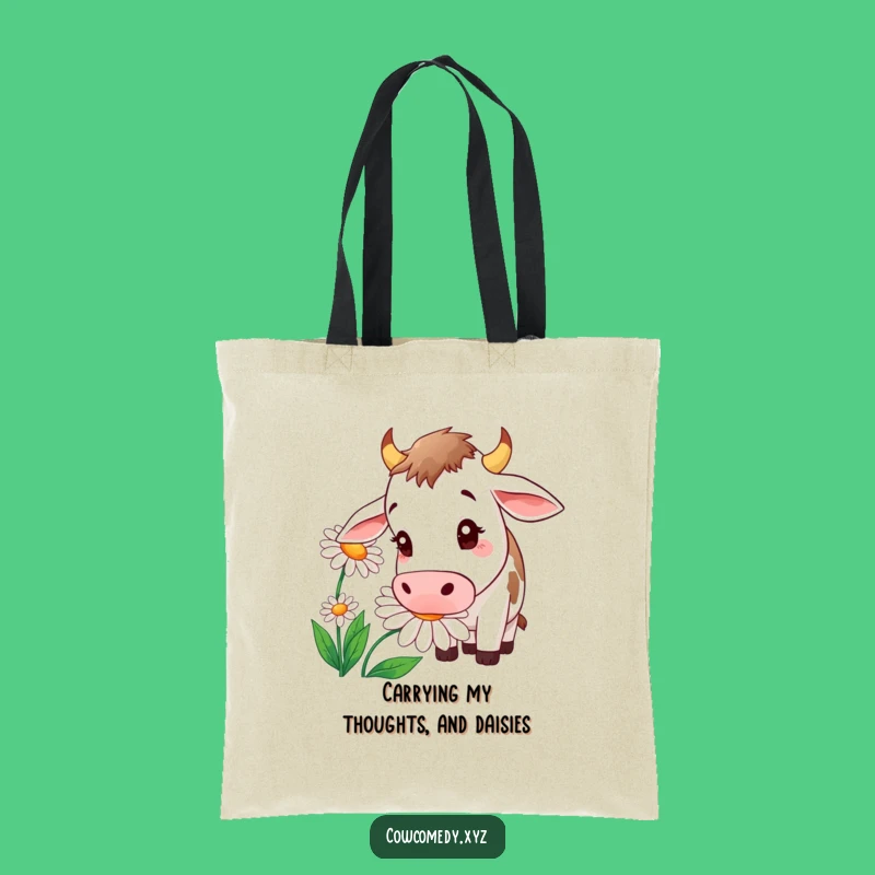Carry your essentials in style with this funny tote bag! A cow’s intense gaze upon a giant daisy adds a touch of whimsy to your day.
