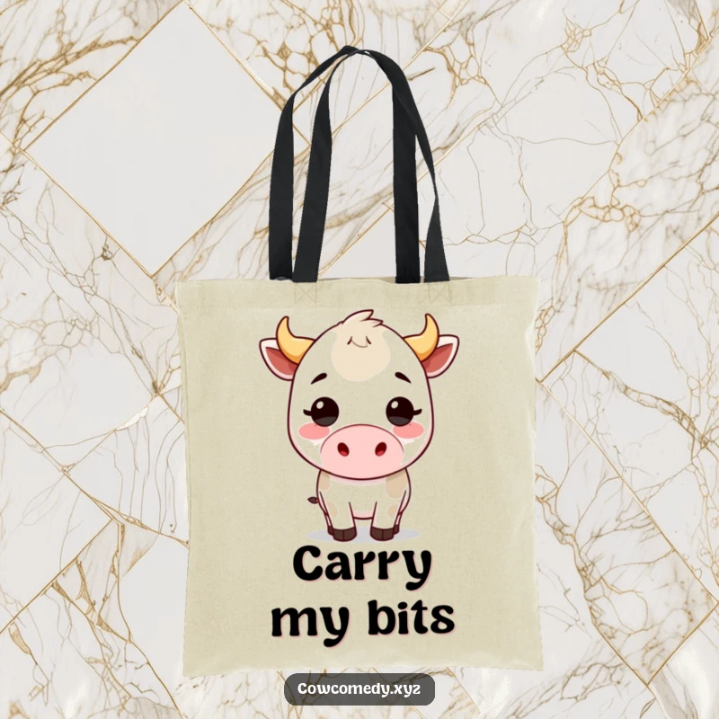 Funny kawaii cow tote bag with a charming bovine character doing a playful headbutt, great for shopping and everyday use.