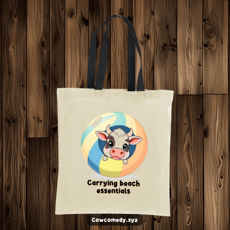 Funny Tote Bag: A surprised cow peeking out from behind a giant striped beach ball, perfect for carrying items with beachy humor.